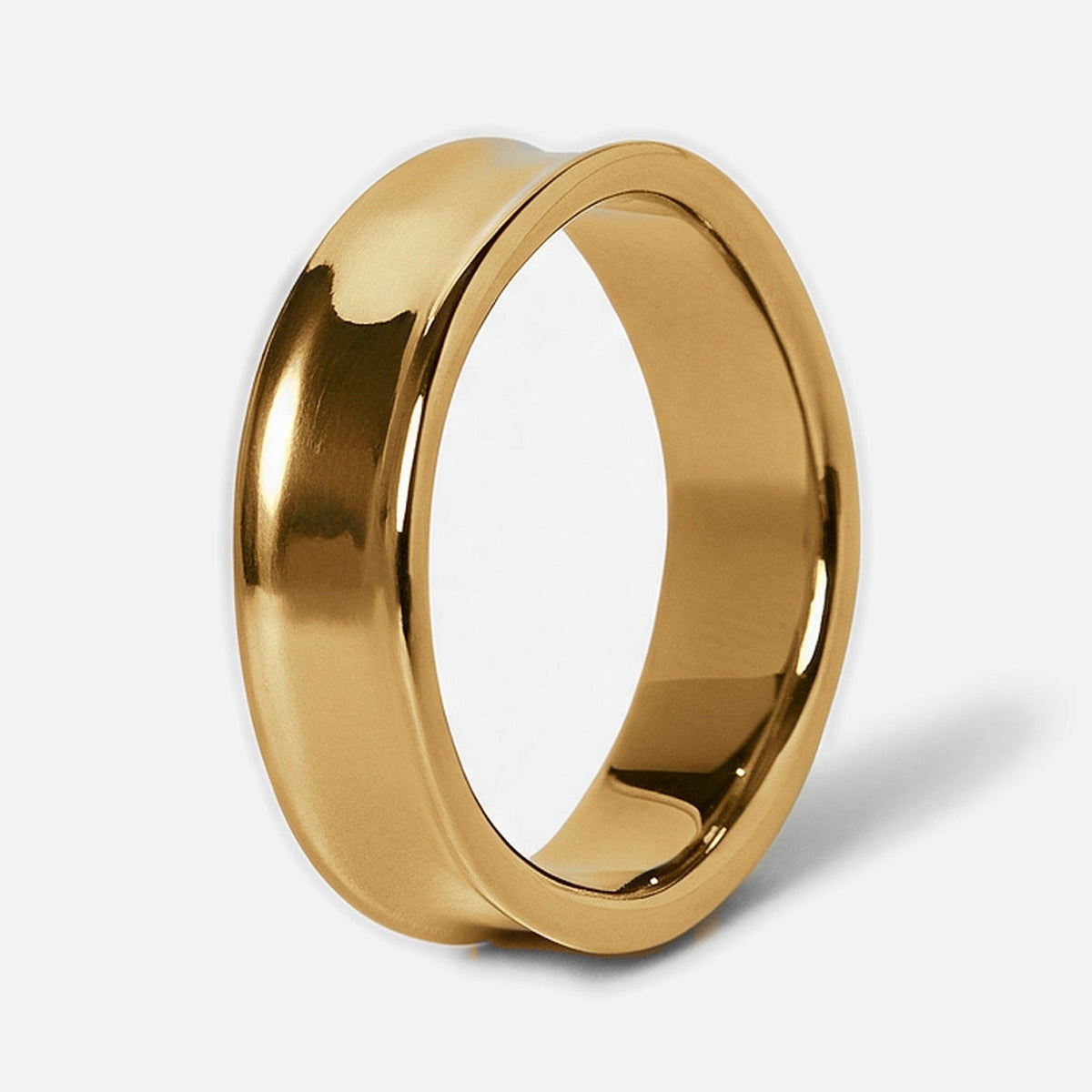 Men's Gold Forge Ring in 18k gold infused stainless steel, upright view of the dished band and raised edges