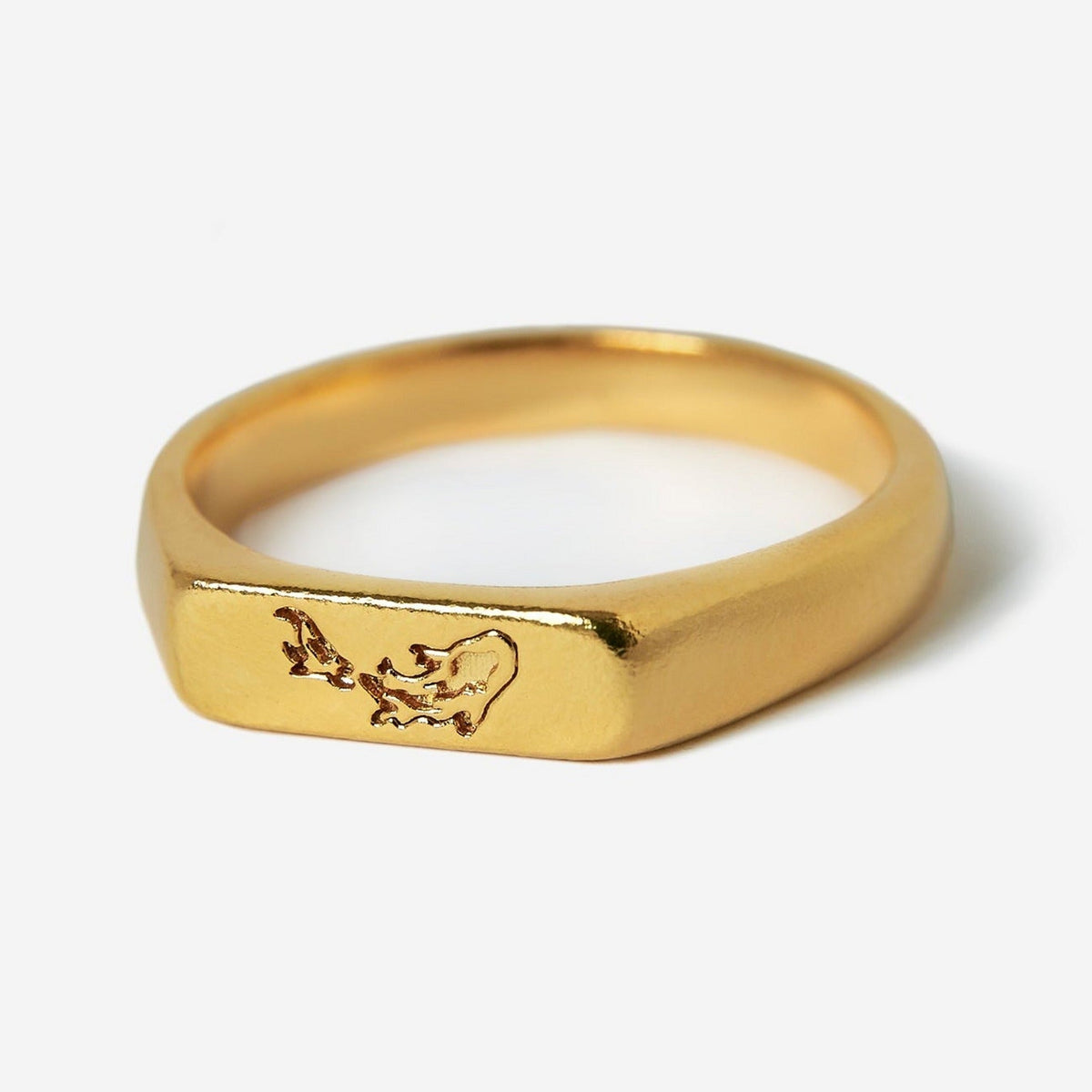 A Billie Jo men's Koi II signet ring in 18k gold vermeil, featuring a detailed engraving of two koi fish. This modern Australian men's jewellery piece has a polished finish.