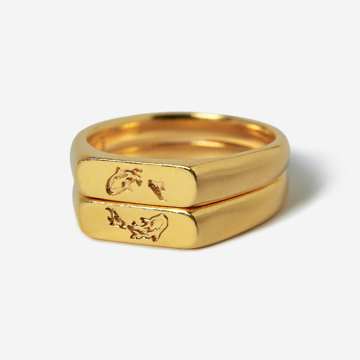 Billie Jo's 18k gold vermeil Koi Stackers rings for men. Two sleek, polished gold bands with engraved koi fish details, a modern Australian jewellery design.