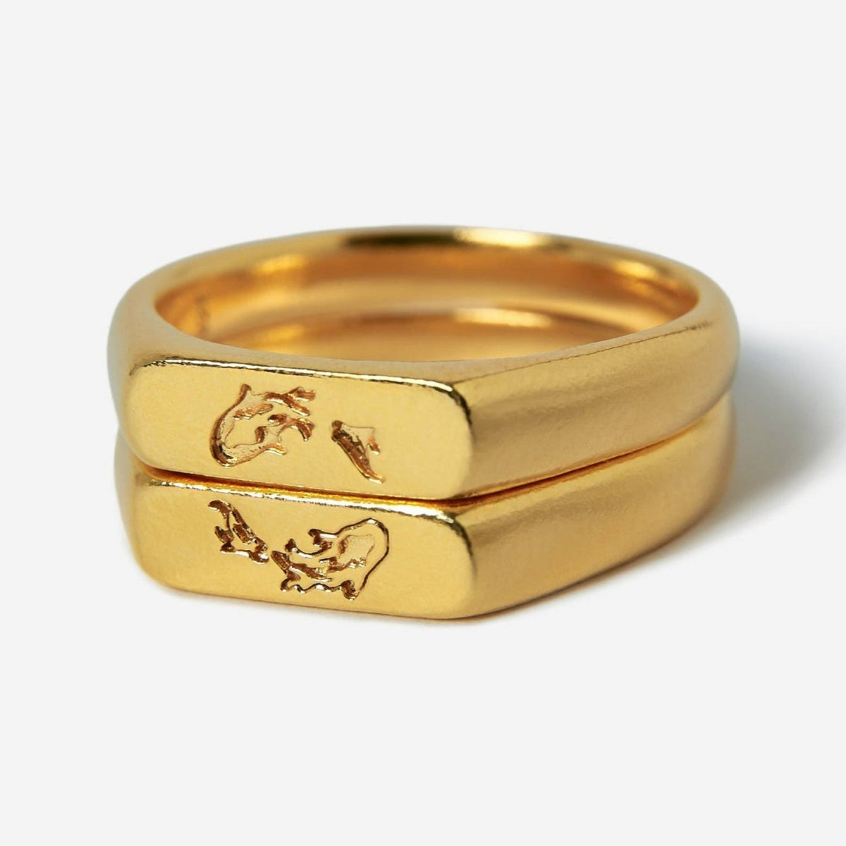 Billie Jo's 18k gold vermeil Koi Stackers rings for men. Two sleek, polished gold bands with engraved koi fish details, a modern Australian jewellery design.