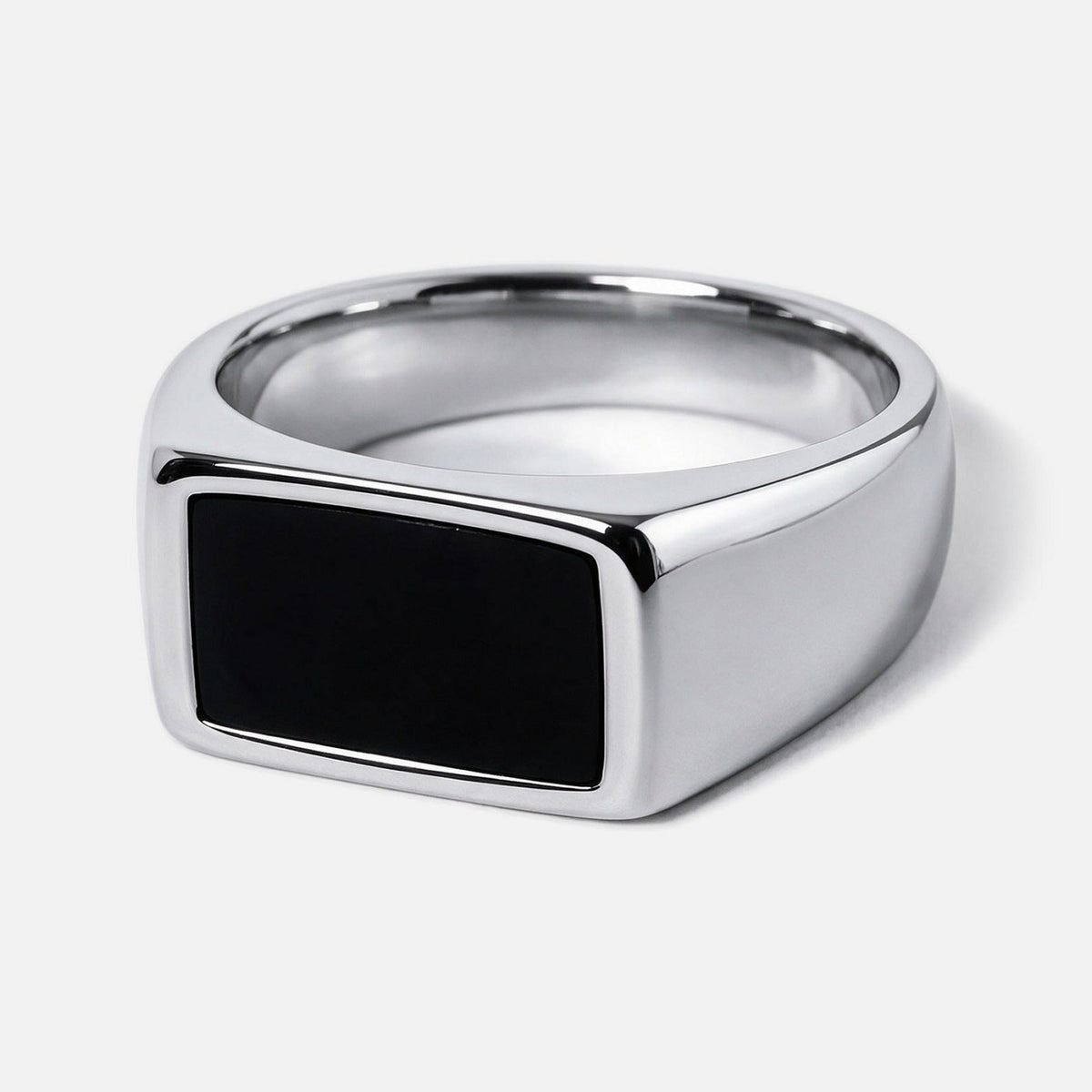 Men's Onyx Ring in 316L stainless steel, silver finish, angled front view showing the black onyx stone on a white background