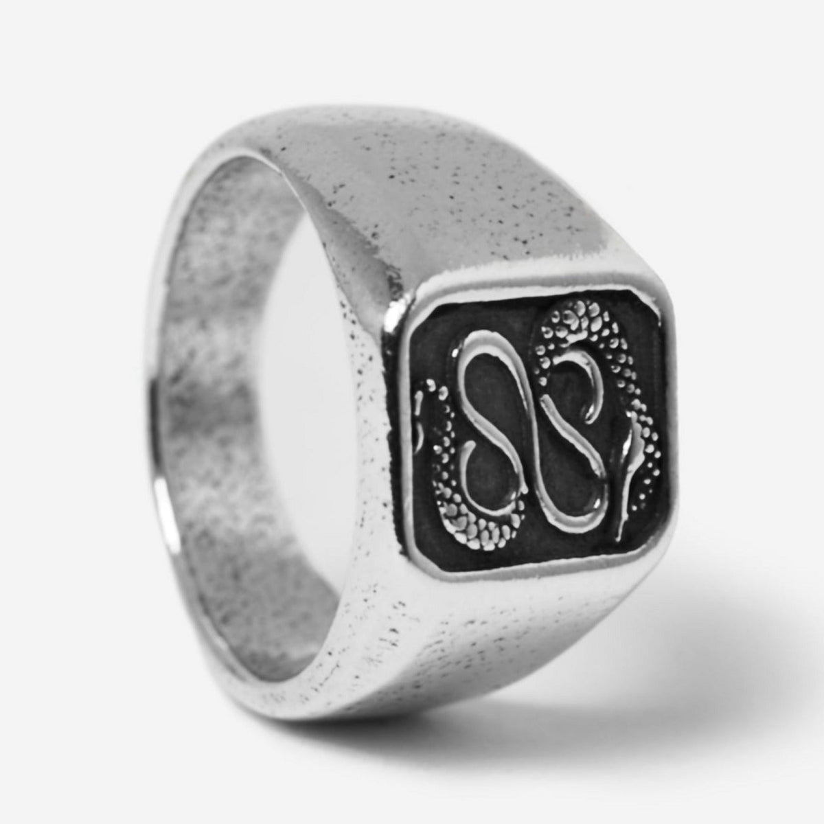 A different angle of the sterling silver Serpent Ring by Billie Jo, showing the side profile and textured finish of this unique men's jewellery piece.