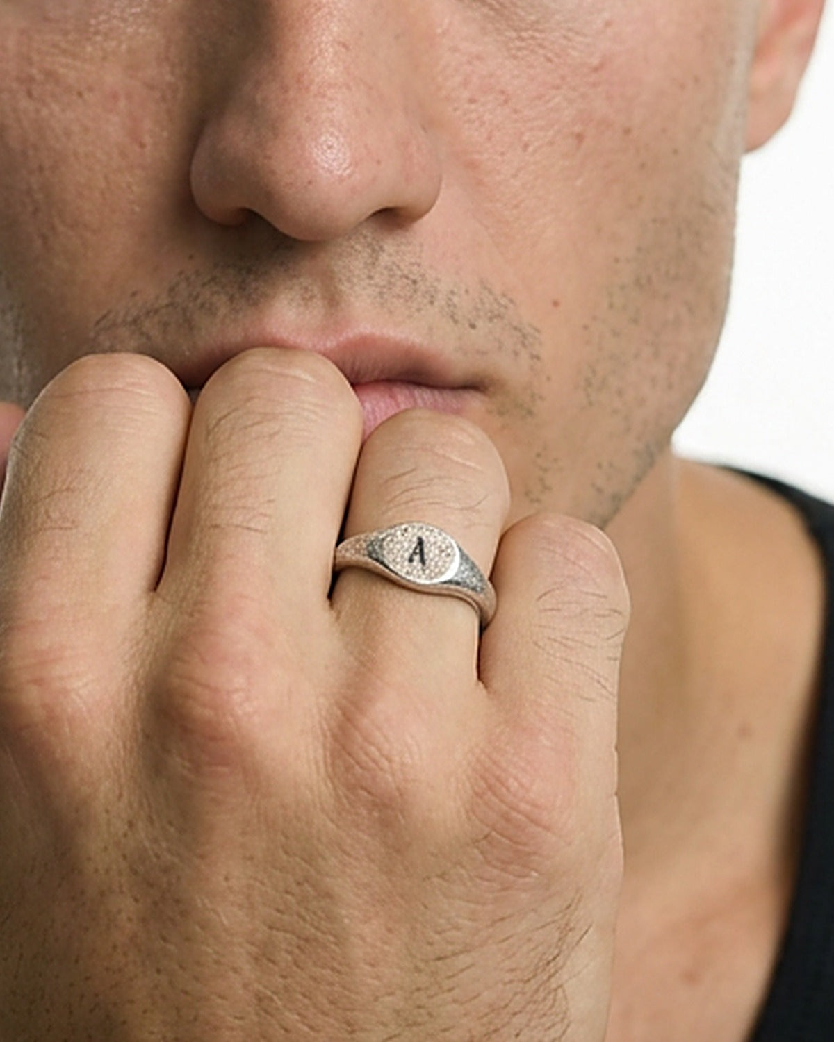 Initial Dusk Ring with the letter A, worn on a man's hand