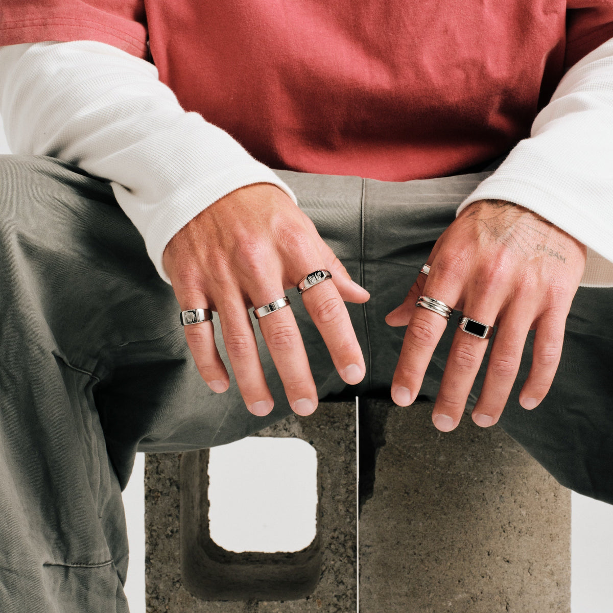 Men's Onyx Ring in 316L stainless steel, silver finish, worn on his left middle finger