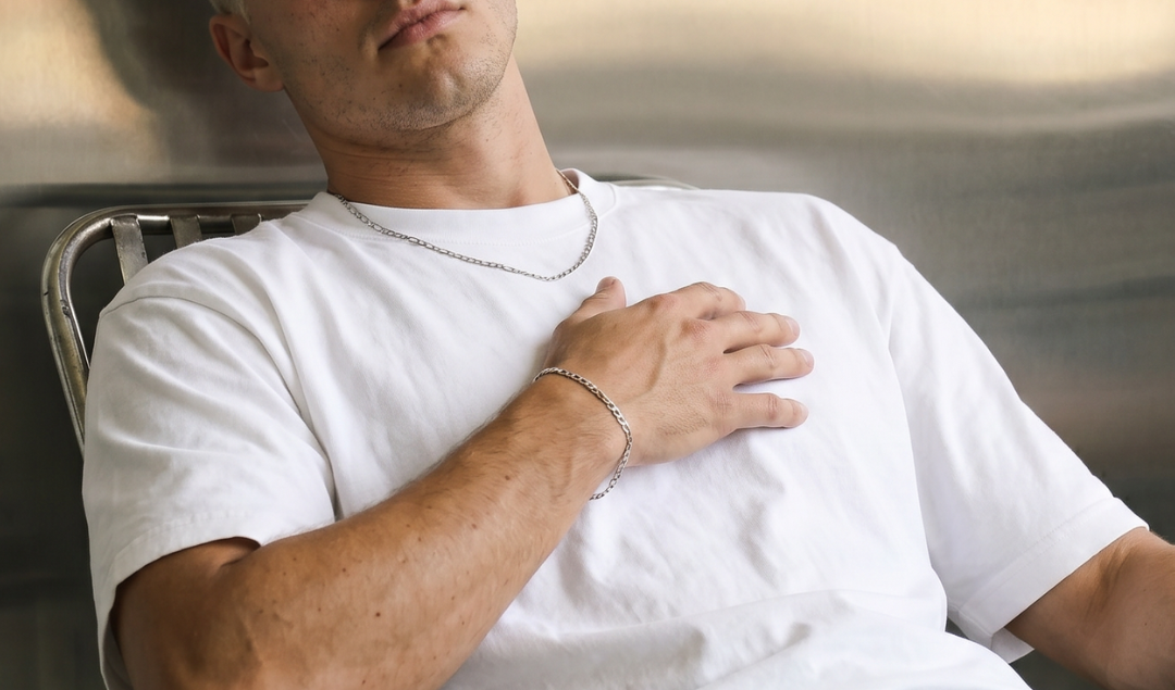  Mens chain styling guide showing layered silver and gold chains from the Billie Jo Ascent Collection