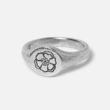 The Billie Jo Solace Ring in 925 sterling silver. A men's signet ring with a flower engraving and textured finish. Australian designed men's jewellery.