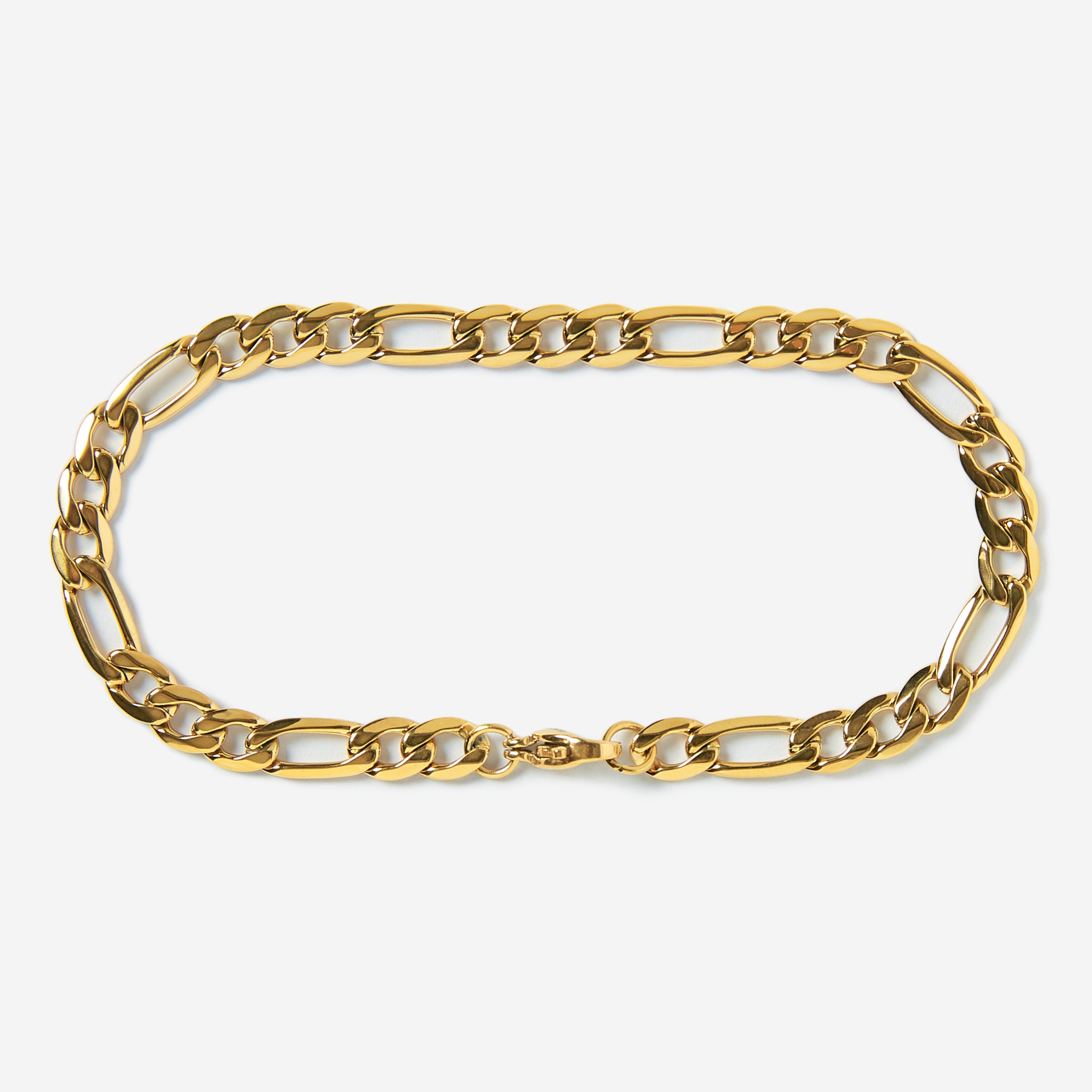 A stainless steel men's figaro chain bracelet from Australian jewellery brand Billie Jo, featuring a thick bold alternating link design in a polished gold finish, perfect for everyday wear.