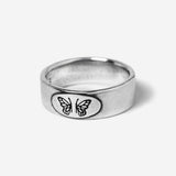 Billie Jo's Elaris Ring in sterling silver, featuring a detailed butterfly engraving. A modern, masculine piece of Australian men's jewellery.