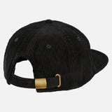 The back of the black Billie Jo Corduroy Hat, showing the adjustable strap and brass buckle for a comfortable fit. A quality men's headwear piece.
