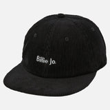 A classic black corduroy Billie Jo Corduroy Hat, shown from the front. The brand's logo is embroidered in white on the front of this men's cap.
