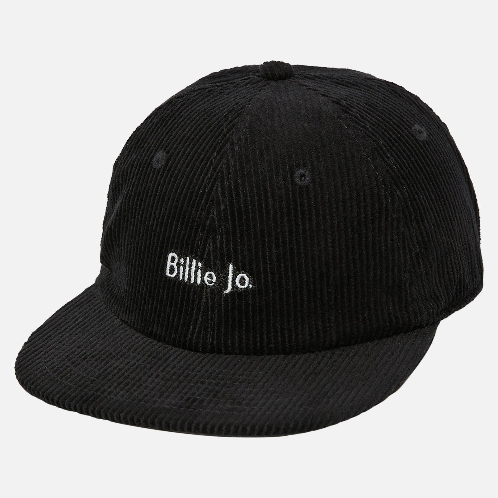A classic black corduroy Billie Jo Corduroy Hat, shown from the front. The brand's logo is embroidered in white on the front of this men's cap.