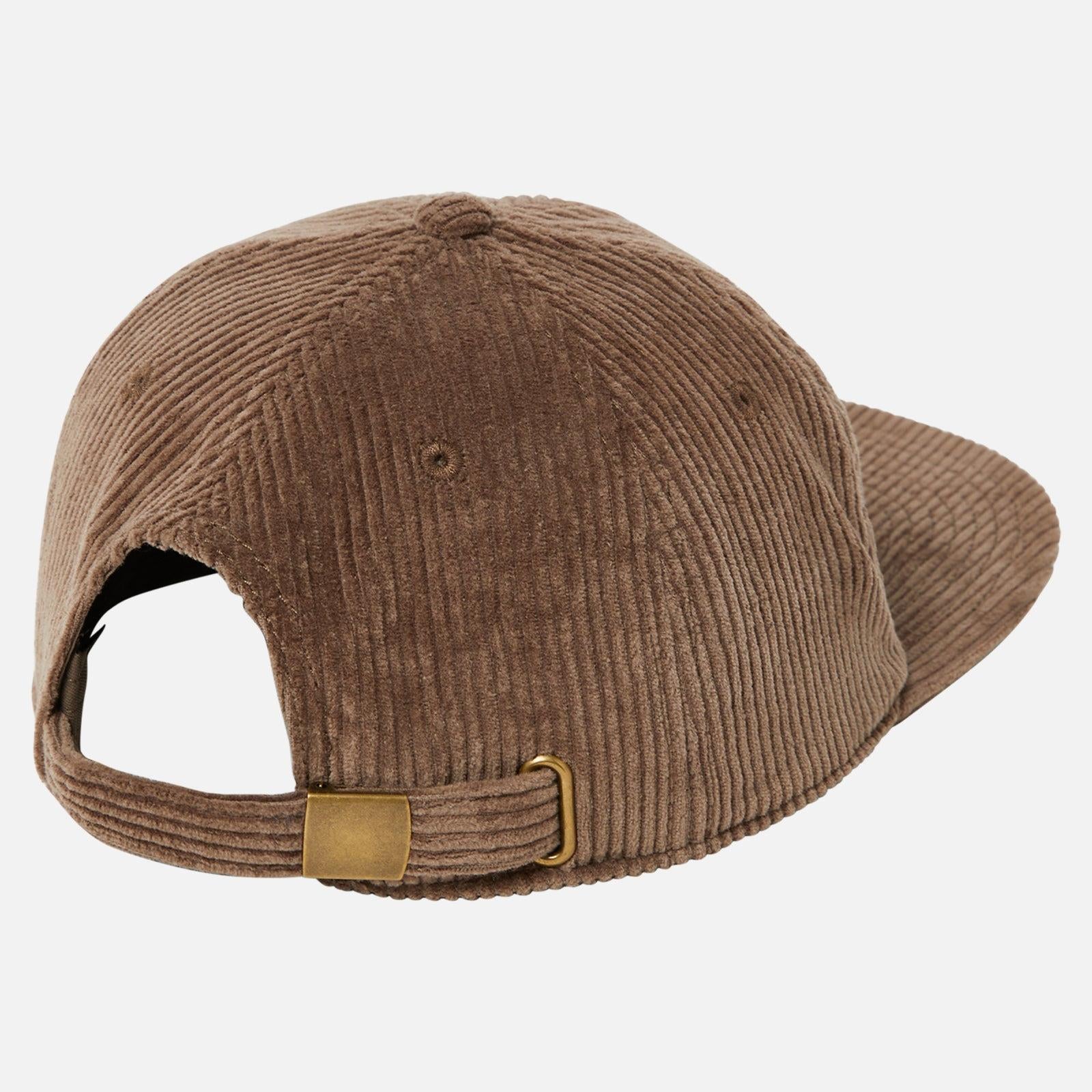 Rear view of the brown corduroy Billie Jo cap, highlighting the adjustable strap and brass buckle detail. Perfect for everyday wear.