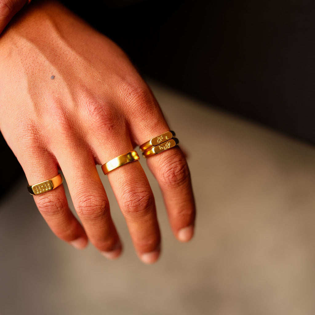 A close-up of a man's hand wearing the Billie Jo Serenity Ring in gold, showing the ring's smooth, polished surface and minimalist design.