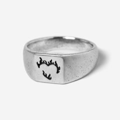 Billie Jo's Ember Ring in 925 sterling silver, a signet-style men's ring with a flaming heart engraving. Modern Australian men's jewellery.