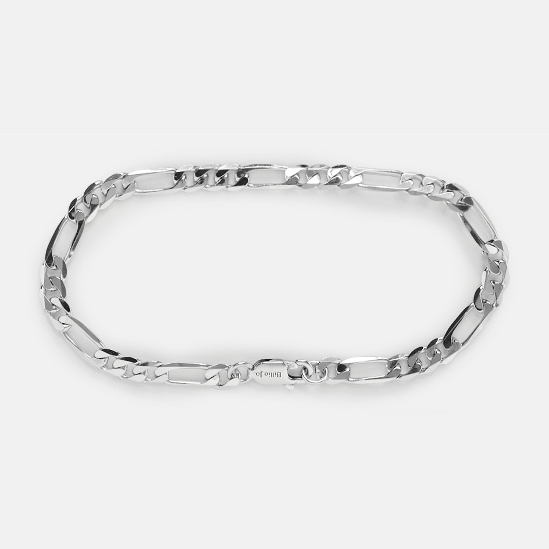 A studio shot of the Billie Jo men's Figaro Bracelet in polished 925 sterling silver. The classic Figaro chain and branded clasp are shown in detail. A timeless piece of Australian men's jewellery.