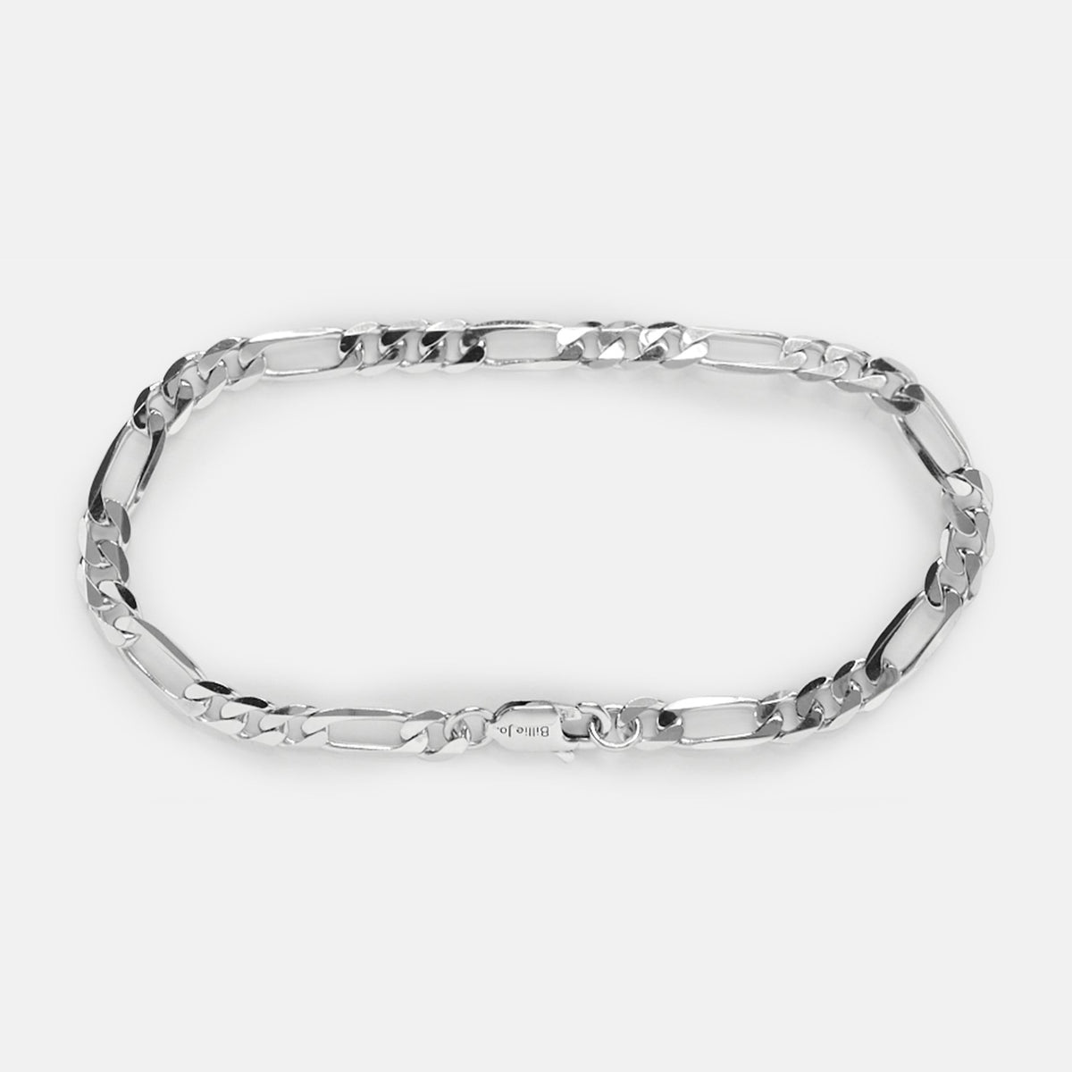 A studio shot of the Billie Jo men's Figaro Bracelet in polished 925 sterling silver. The classic Figaro chain and branded clasp are shown in detail. A timeless piece of Australian men's jewellery.