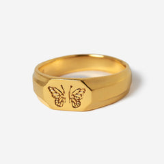 Billie Jo's 18k gold vermeil Revival Ring, a bold men's signet ring with a striking butterfly design, shot on a clean white background. A modern piece of Australian men's jewellery.