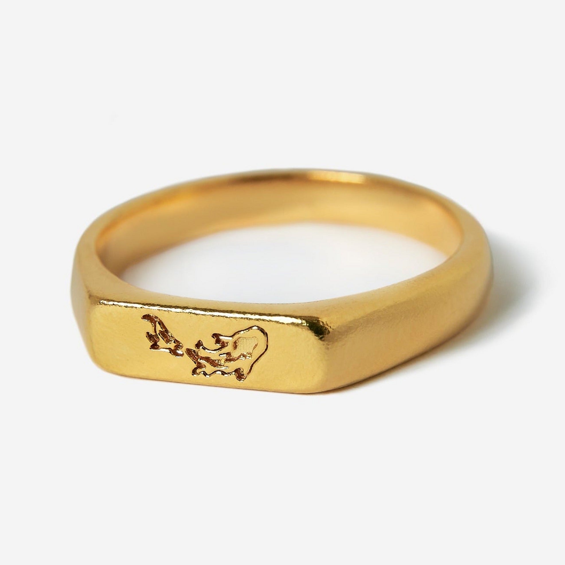 A Billie Jo men's Koi II signet ring in 18k gold vermeil, featuring a detailed engraving of two koi fish. This modern Australian men's jewellery piece has a polished finish.