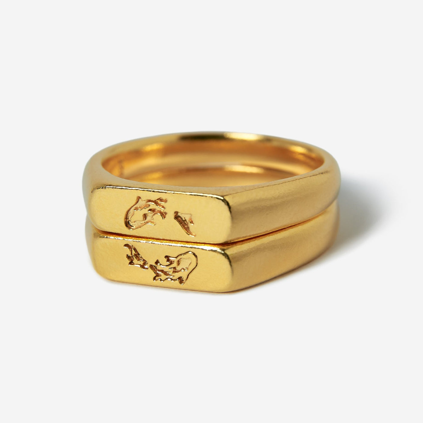 Billie Jo's 18k gold vermeil Koi Stackers rings for men. Two sleek, polished gold bands with engraved koi fish details, a modern Australian jewellery design.
