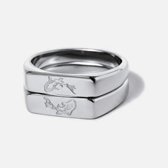 Men's Koi Stackers in 316L stainless steel, silver finish, pair stacked, koi engraved on each face