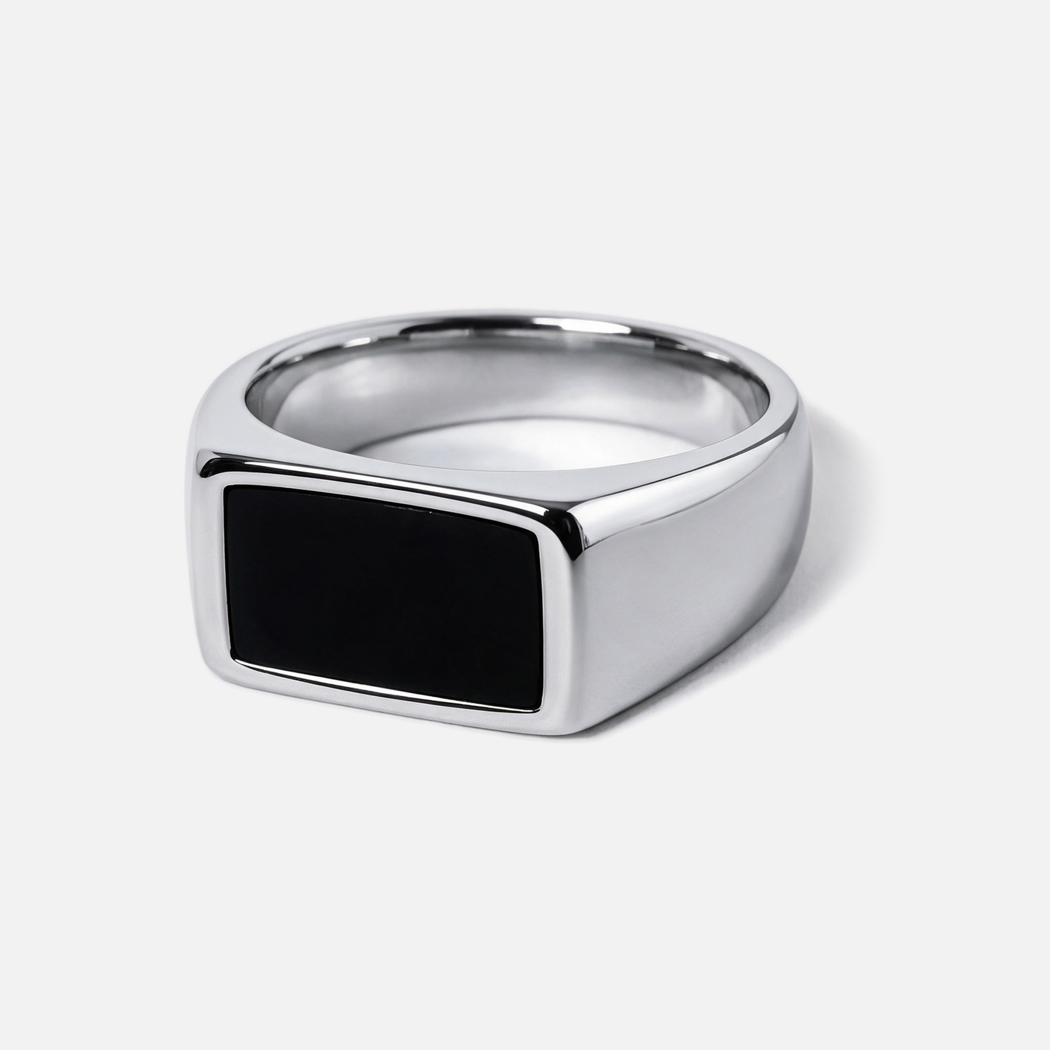 Men's Onyx Ring in 316L stainless steel, silver finish, angled front view showing the black onyx stone on a white background
