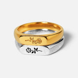 Billie Jo's Rosa Stacker rings in 18k gold vermeil and 925 sterling silver, featuring an elegant engraved rose design. A modern men's jewellery set.