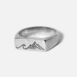 A men's sterling silver signet ring, the Union Ring by Billie Jo features a unique wave and mountain engraving. A modern piece of Australian men's jewellery.