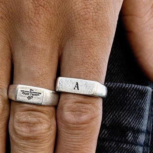 Initial Elation Ring with the letter A, worn on a man's hand