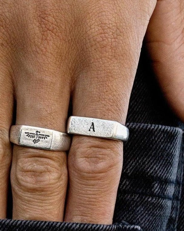 Initial Elation Ring with the letter A, worn on a man's hand
