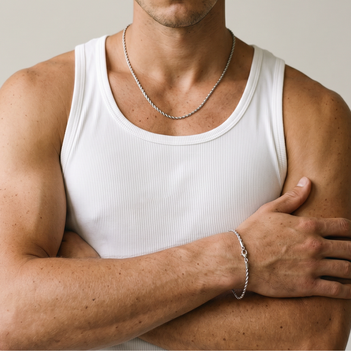 A man wearing a stainless steel rope chain necklace from Australian jewellery brand Billie Jo. Water-prrof, sweat proof. Built to last.