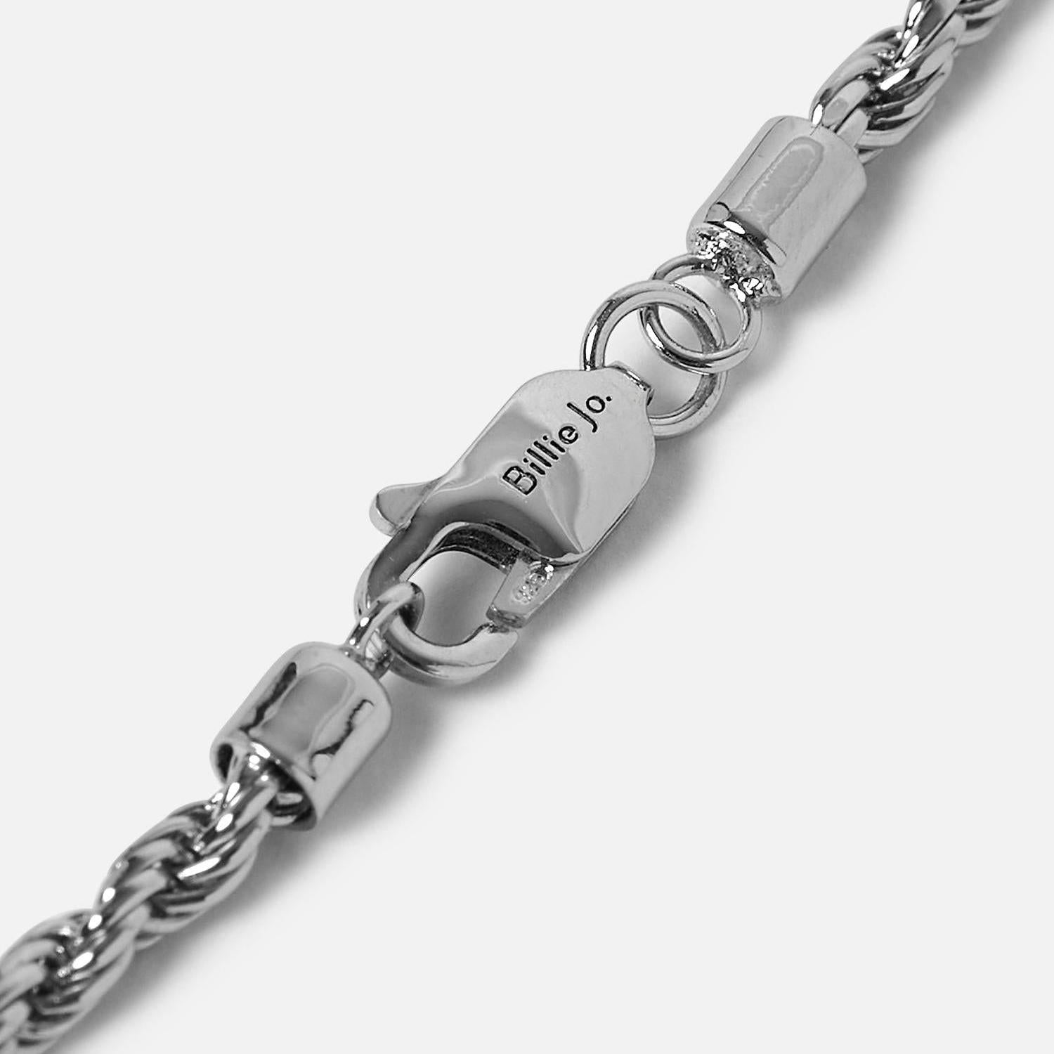 A detailed close-up of the engraved lobster clasp on the Billie Jo Rope Bracelet, showing the brand name and the quality craftsmanship of the 925 sterling silver.